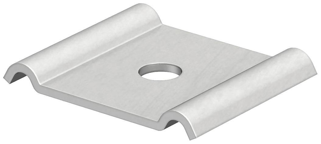 Metalen plaat met een centraal rond gat en licht verhoogde randen, waarschijnlijk een bevestigingselement of een sluitring.