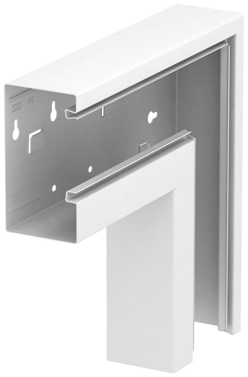 Een witte metalen hoek met meerdere gaten en sleuven, geschikt voor bevestiging aan een muur of een frame.