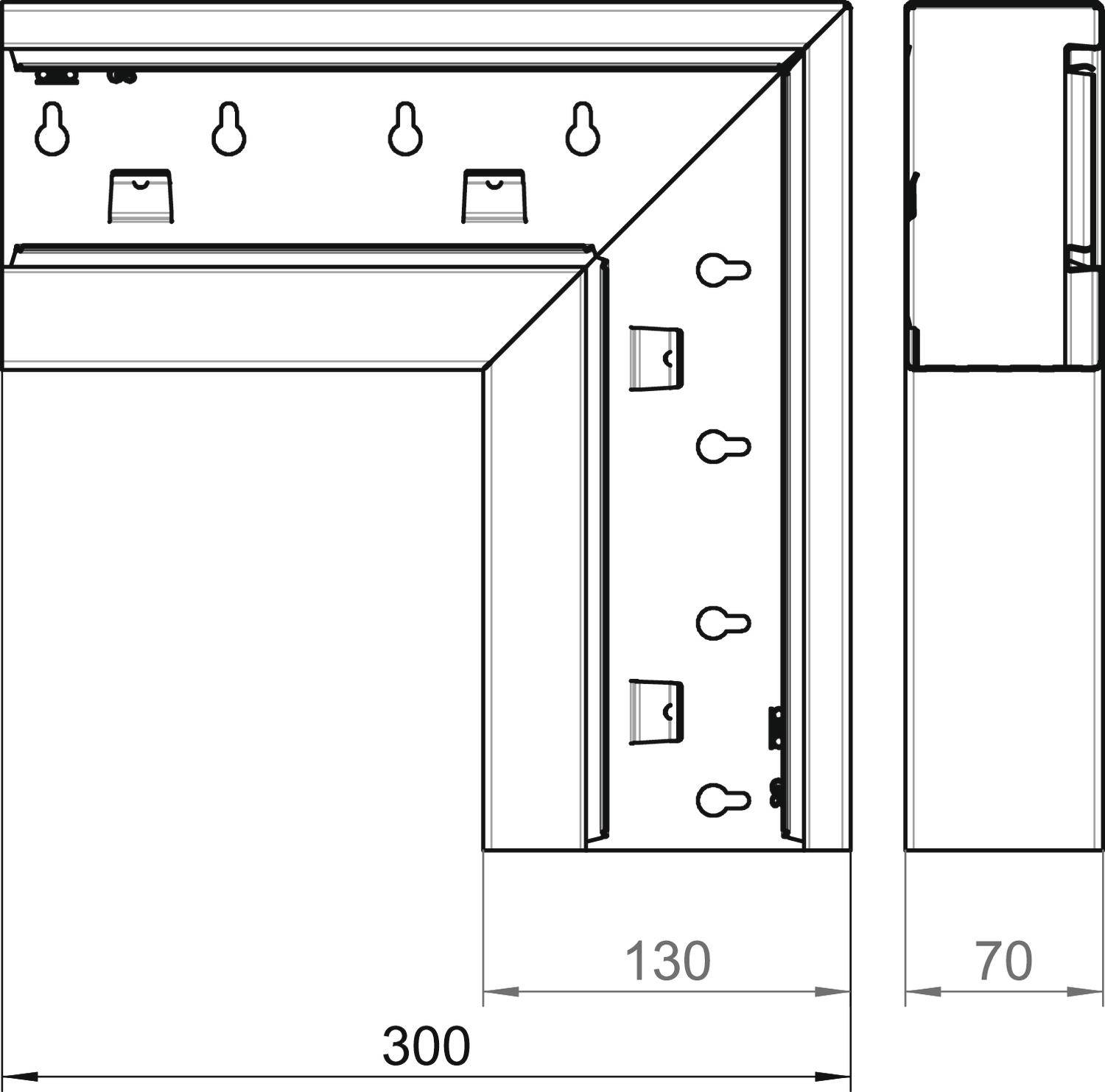 Technische tekening van een rechthoekig frame met afmetingen: lengte 300 mm, breedte 70 mm. Binnendelen en bevestigingspunten zichtbaar.