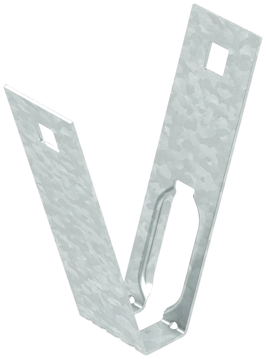 Een verzinkte metalen hoek, L-vormig, met rechthoekige gaten voor bevestiging.