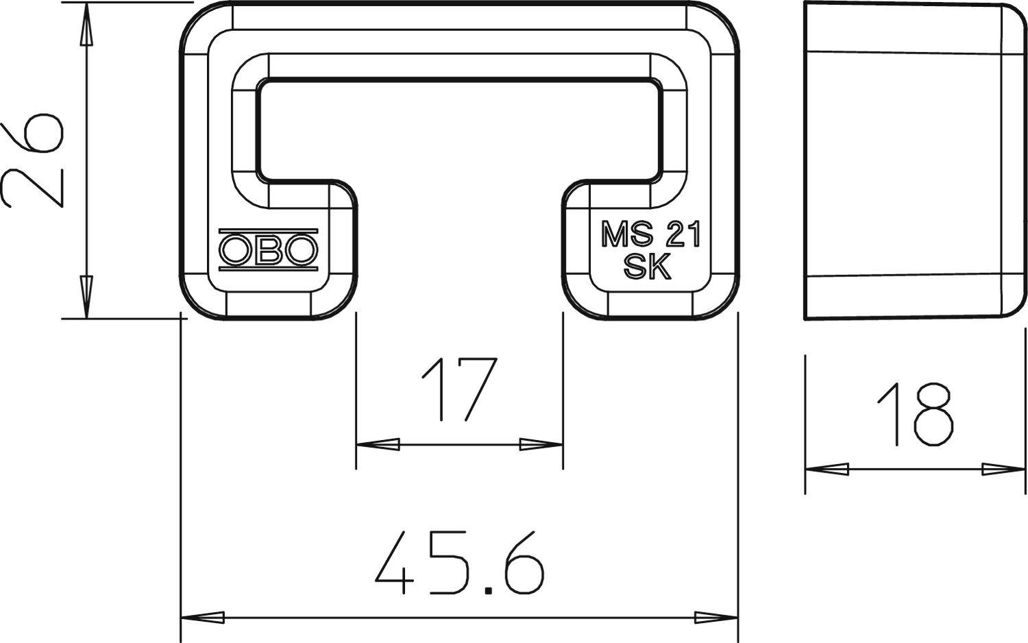 Technische tekening van een metalen draaggreep. Breedte: 45,6 mm, hoogte: 26 mm. Zijdelingse diepte: 18 mm. Opschrift: 'MS 21 SK'.