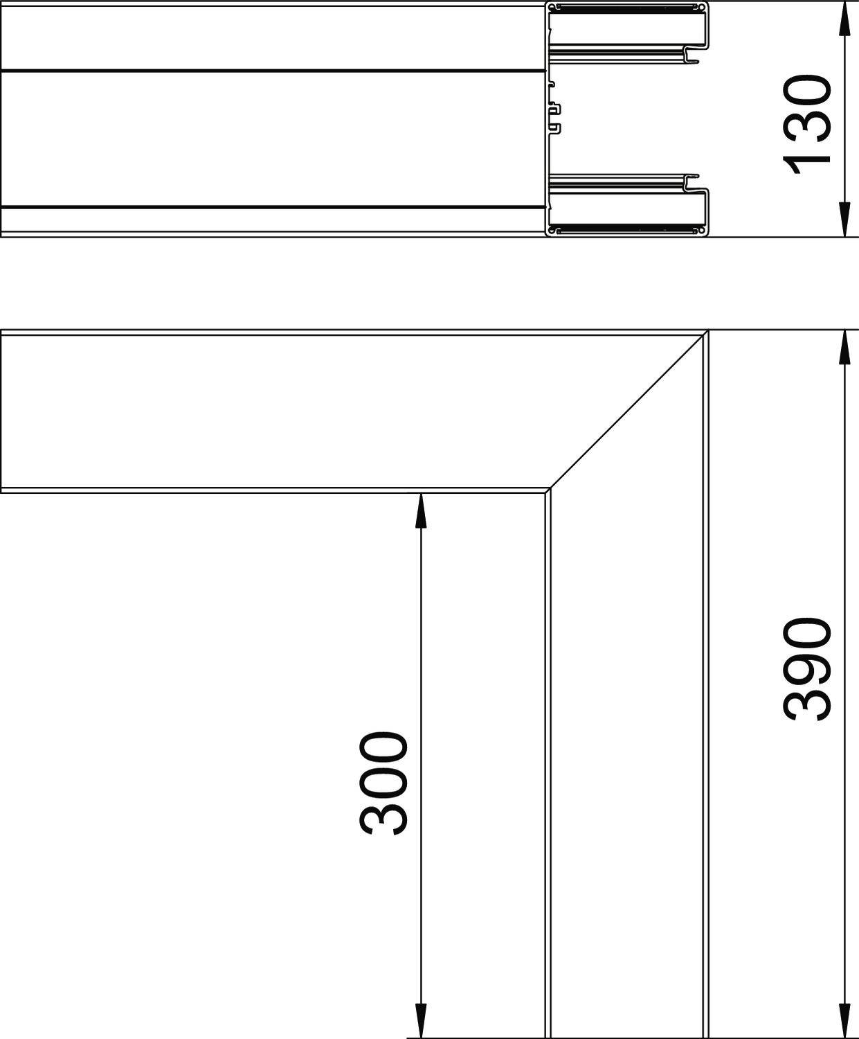 Technische tekening van een hoekprofiel met afmetingen: 130 mm en 300 mm aan de zijden, 390 mm langs de lange kant.