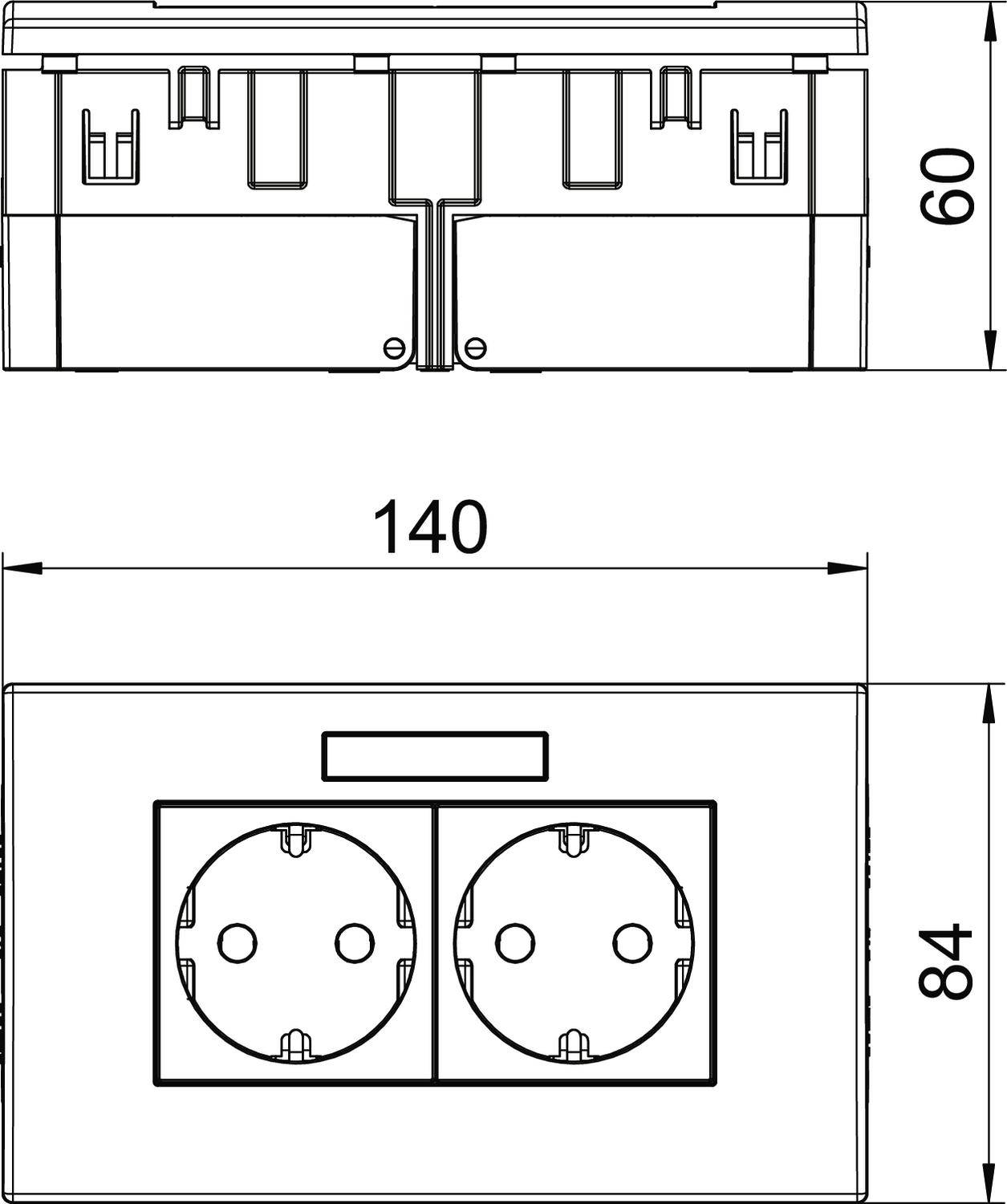 Technische tekening van een dubbele wandcontactdoos met afmetingen: breedte 140 mm, hoogte 84 mm; bovenaanzicht toont twee stopcontacten.