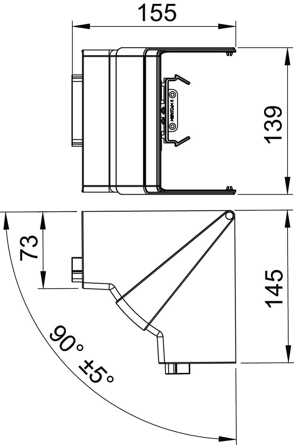 Technische tekening van een apparaat met afmetingen: breedte 155 mm, hoogte 139 mm, diepte 145 mm, hellingshoek 90 graden plus/min 5 graden.