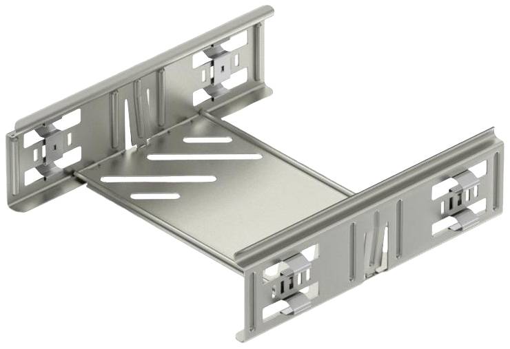 Metalen rail voor plankbevestiging, horizontale sleuf in het midden, zijdelingse bevestigingsgaten.