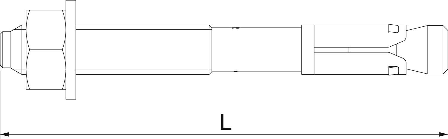 Technische tekening van een expansiedeuvel met vermelding van de lengte 'L'. De deuvel bestaat uit een schroef, moer en expanderende segmenten.