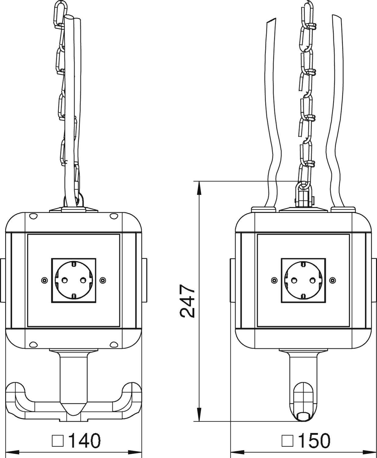 Technische tekening van een apparaat met afmetingen: 140 mm breedte, 247 mm hoogte en 150 mm diepte. Toont voor- en zijaanzicht.