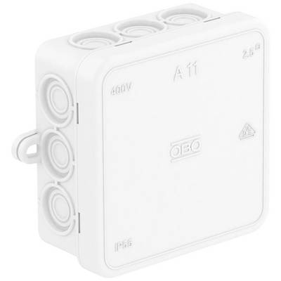 Witte elektrische aansluitdoos met verwijderbare afdekking, meerdere kabelingangen aan de zijkanten. Opschrift 'OBO', '400V', 'IP55'.