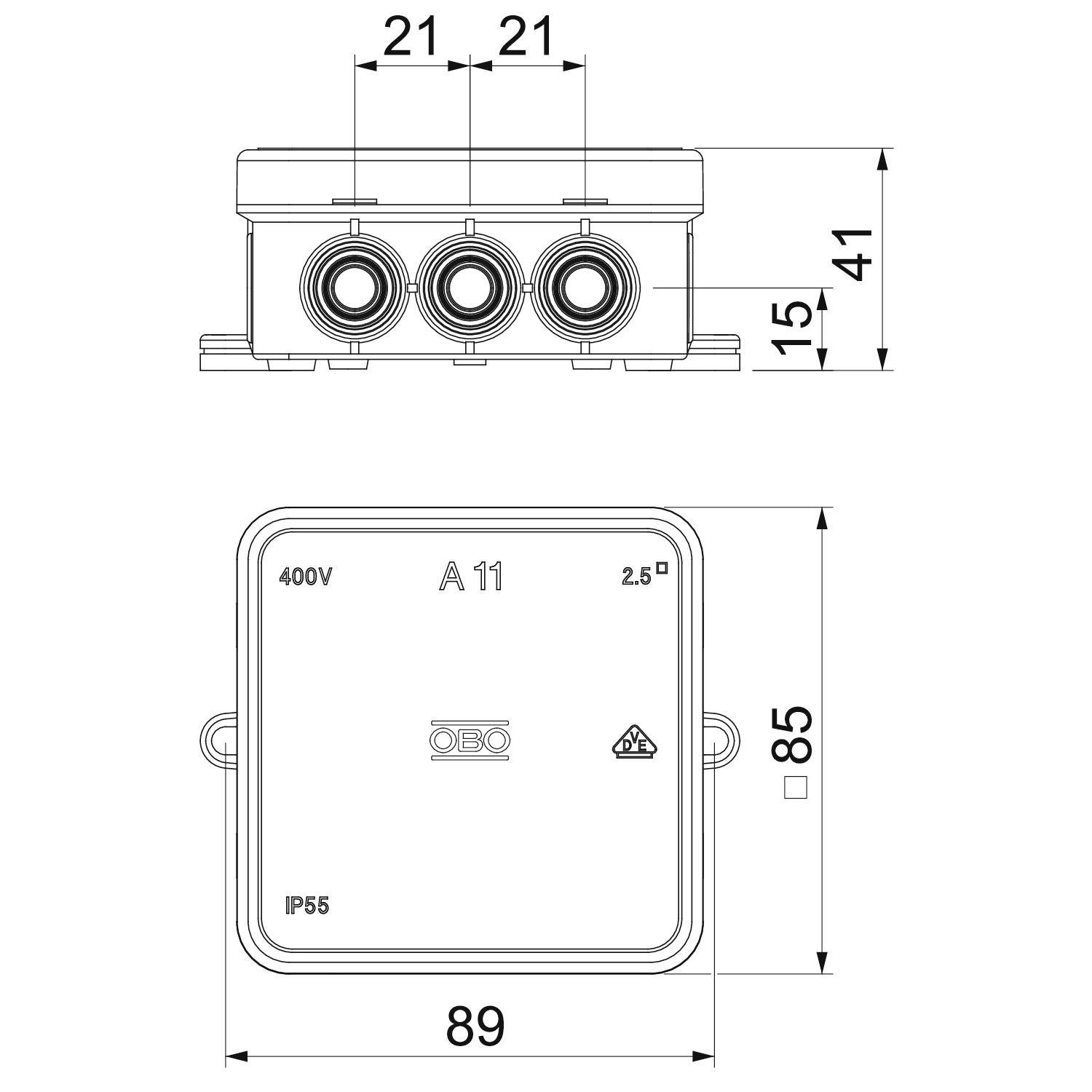 Diagram van een rechthoekige, waterdichte IP55-behuizing met drie ronde aansluitingen bovenaan. Afmetingen: 89 mm breed, 85 mm hoog.