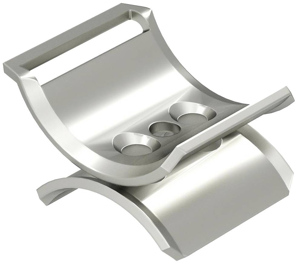 Zilveren, gebogen metalen houder met cirkelvormige uitsparingen, mogelijk bedoeld voor het vasthouden van cilindrische objecten.