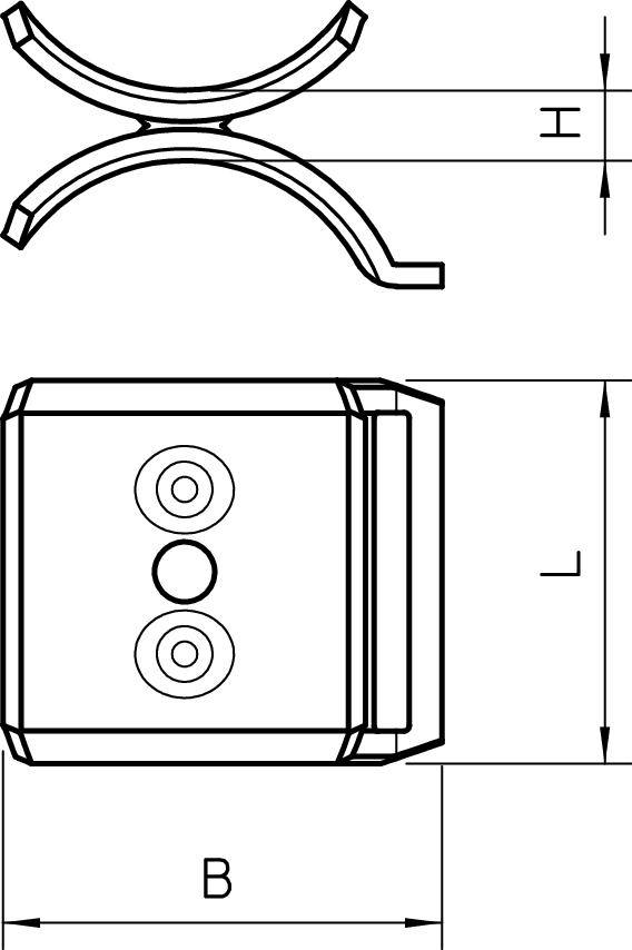 Technische tekening van een onderdeel met kruis- en bovenaanzicht. Afmetingen zijn weergegeven als hoogte (H), breedte (B) en lengte (L).