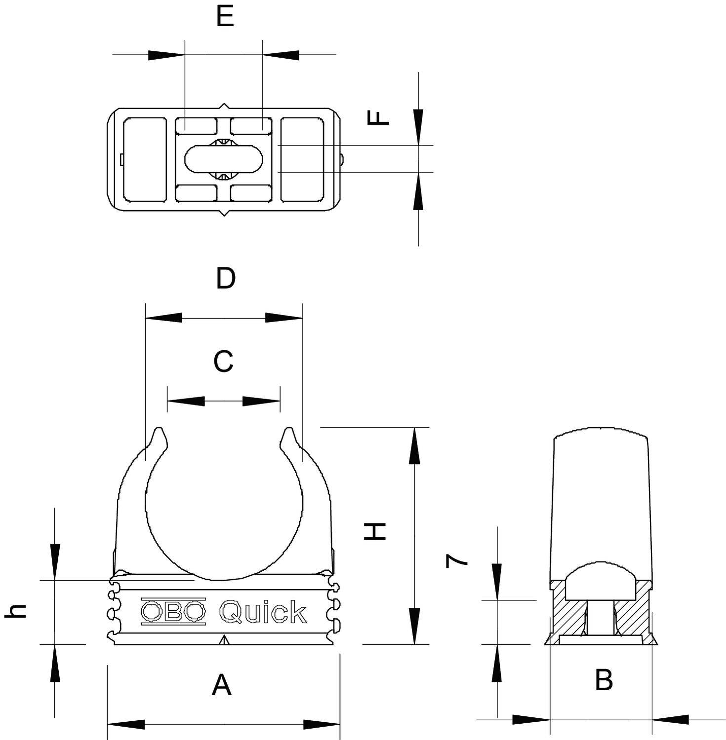 Tekening van een bevestigingsklem met verschillende maatvoeringen: A, B, C, D, E, F, h en H. De klem heeft de opdruk 'OBO Quick'.