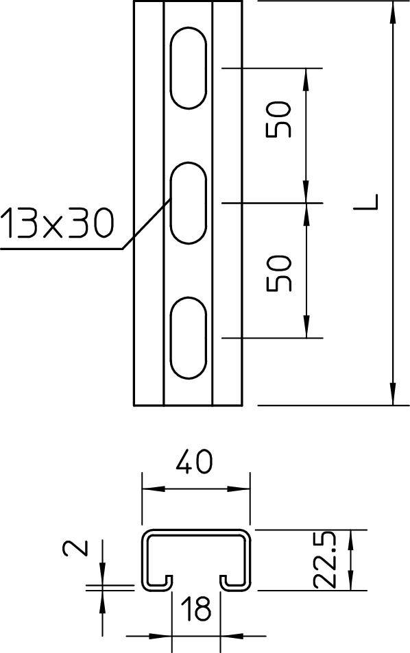 Technische tekening van een metaalprofiel. Boven: drie ovale gaten, afmetingen 13x30 mm. Lengteopschrift: 50 mm, 50 mm. Onder: doorsnede met afmetingen, totale breedte 40 mm.