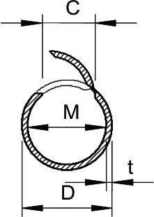 Technische tekening van een circulaire component met afmetingen: C, D, M en wanddikte t. Toont doorsnede-aanzicht en maatvoering.