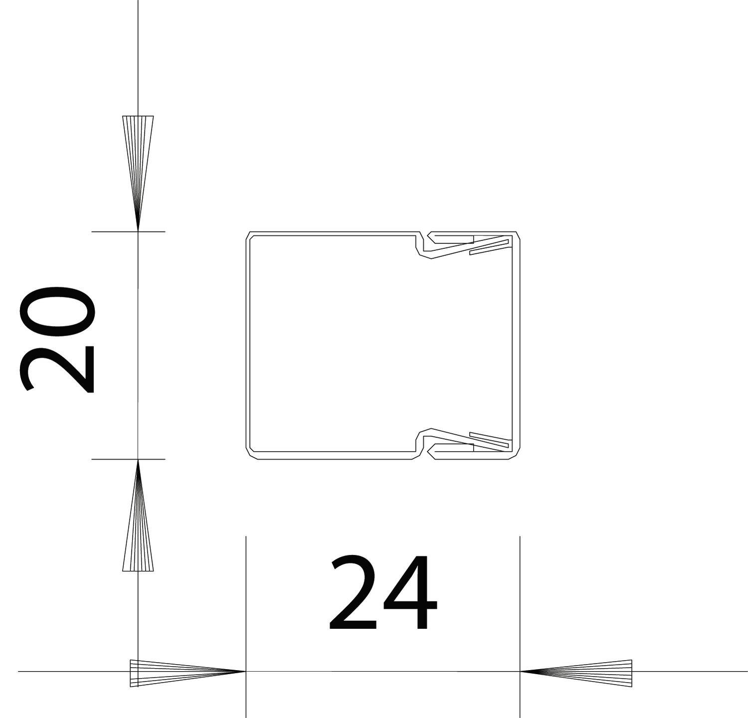 Schematische tekening van een profiel met afmetingen van 20 mm hoogte en 24 mm breedte, weergegeven met maatlijnen en pijlen.