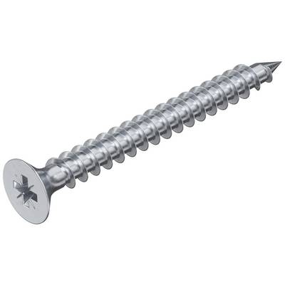 Metalen schroef met kruiskop. Hij heeft een conisch uiteinde en een doorlopend schroefdraad, geschikt voor hout- of metaalverbindingen.