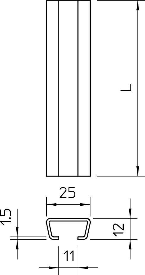 Technische tekening van een profiel met de afmetingen: Lengte (L), Breedte (25 mm), Hoogte (12 mm) en Binnendikte (11 mm).
