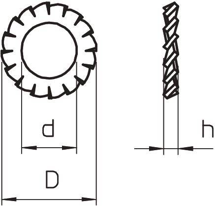 Technische tekening van een tandwiel met maten d voor de binnendiameter, D voor de buitendiameter en h voor de hoogte.
