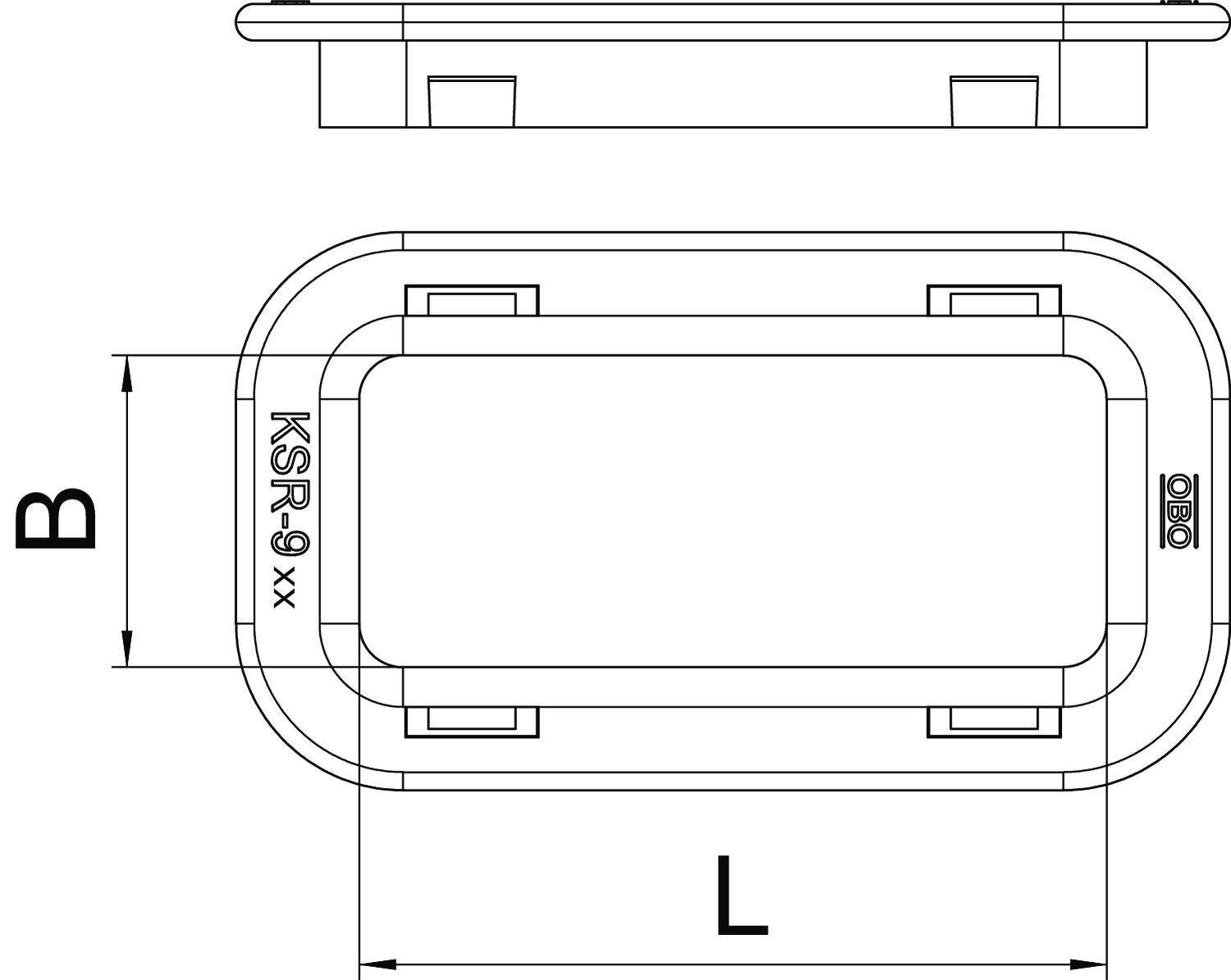 Technische tekening van een rechthoekig onderdeel met de afmetingen L en B. Zijaanzicht en bovenaanzicht met markering 'KSR9'.