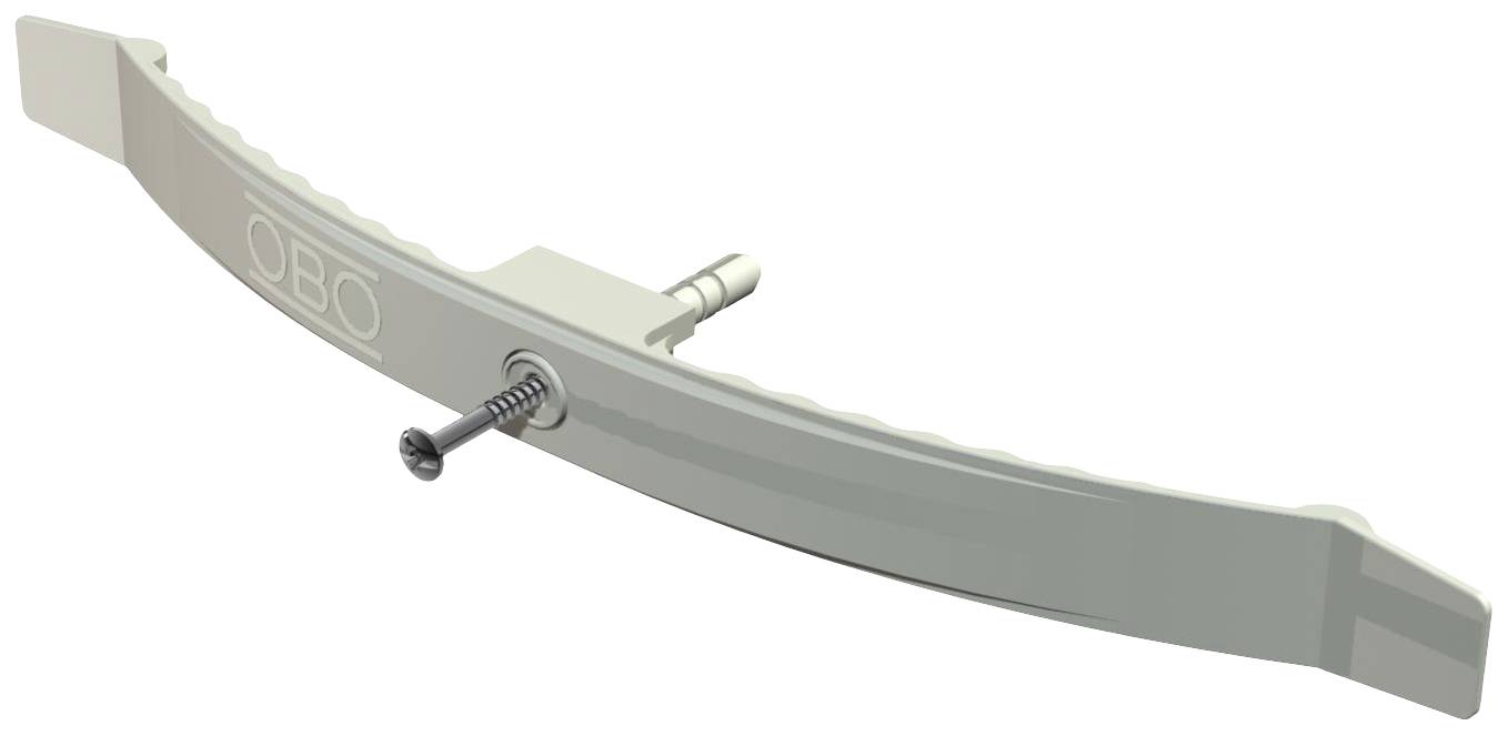 Metalen beschermbeugel met schroefgat in het midden, gebogen ontwerp en 'OBO'-logo op het oppervlak, waarschijnlijk bedoeld voor kabelbescherming.