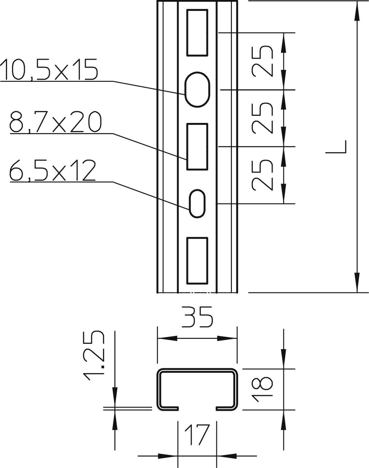 Technische tekening van een U-profiel met afmetingen: Lengte 'L', hoogte 18 mm, breedte 35 mm. Lochmaten: 10,5x15, 8,7x20, 6,5x12 mm.