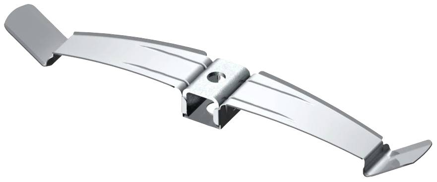 Metalen klem met gebogen ontwerp en een centraal gat, gebruikt voor bevestiging of ondersteuning.