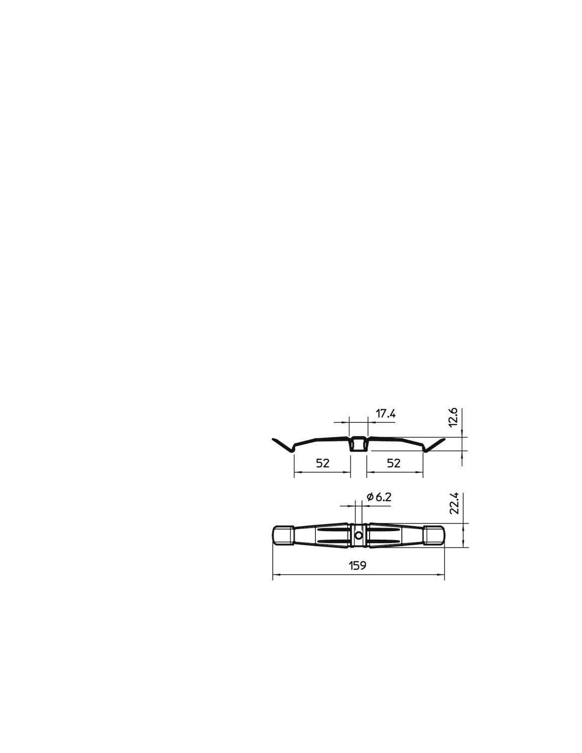 Technische tekening van een onderdeel met de afmetingen: breedte 159, hoogte 12,6, diepte 17,4. Gedetailleerd bovenaanzicht en zijaanzicht.