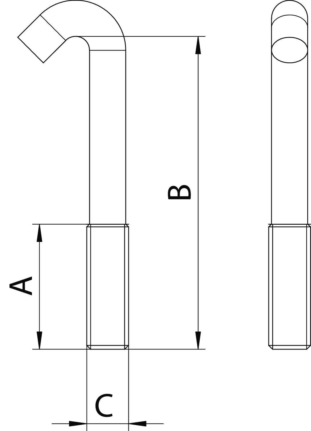 Technische tekening van een buisstuk met bocht. Maten zijn aangegeven: A, B en C. Toont zij- en vooraanzicht van het onderdeel.