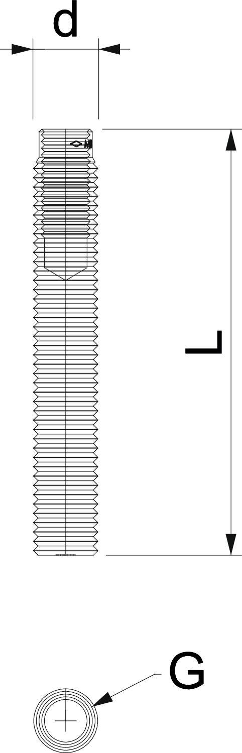 Technische tekening van een schroefdraad met labels voor diameter 'd' en lengte 'L'. Dwarsdoorsnede toont details van de schroefdraad 'G'.