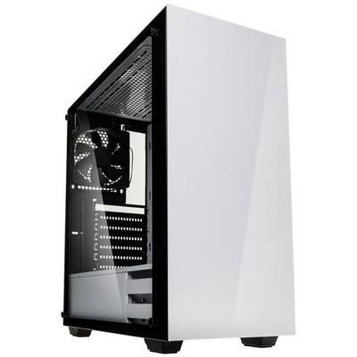 Een wit computerbehuizing met een zijaanzicht op de interne componentenstructuur en ventilatoren, geschikt voor pc-assemblage.