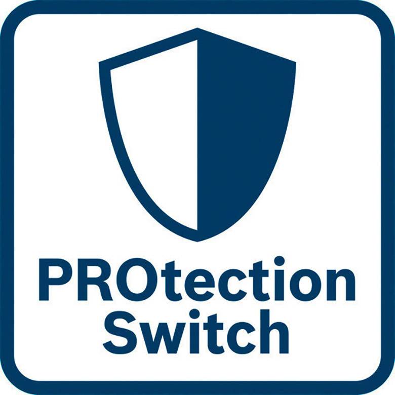 Een blauw schild-symbool boven de tekst 'PROtection Switch' op een witte achtergrond, dat bescherming en veiligheid symboliseert.