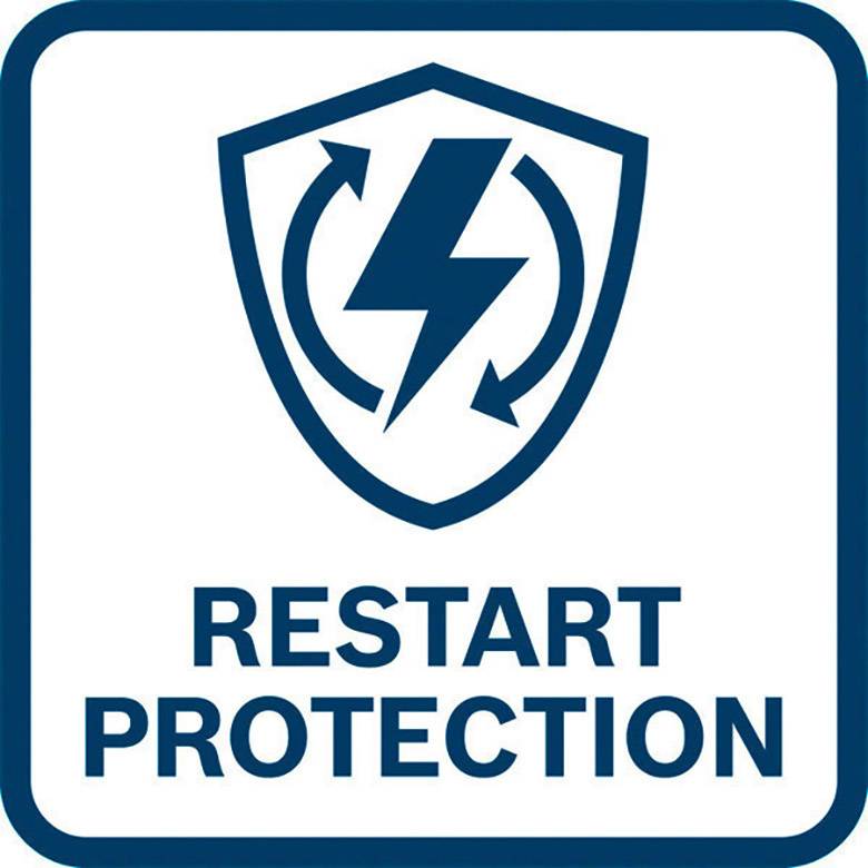 Het beeld toont een logo met een bliksemschicht en twee pijlen in een cirkel in een schild. Daaronder staat de tekst 'Restart Protection'.