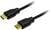Een zwarte HDMI-kabel met twee aansluitingen, bovenaan een standaard- en onderaan een mini-HDMI-connector, geschikt voor videoverbindingen.