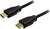 Zwart HDMI-kabel met gouden connectoren aan beide uiteinden, geschikt voor het aansluiten van HD-apparaten zoals tv's en computers.