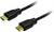 Zwart HDMI-kabel met twee connectoren aan de uiteinden, gebruikt voor het overdragen van audio- en videosignalen tussen apparaten.