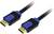 Twee HDMI-kabels met zwarte aansluitingen en blauwe details liggen naast elkaar. Ze zijn geschikt voor de overdracht van audio- en videosignalen.