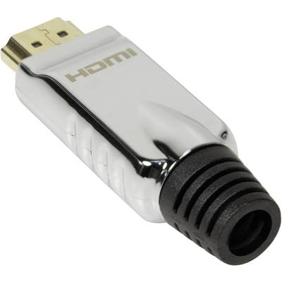 Een zilveren HDMI-stekker met zwart uiteinde, geschikt voor het aansluiten van apparaten voor het overbrengen van audio- en videosignalen.