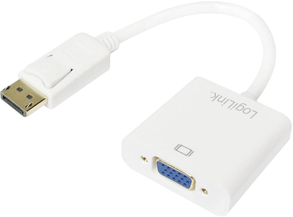 Een witte adapter met een DisplayPort-stekker en een VGA-aansluiting, gebruikt voor het aansluiten van computers op oudere monitoren.