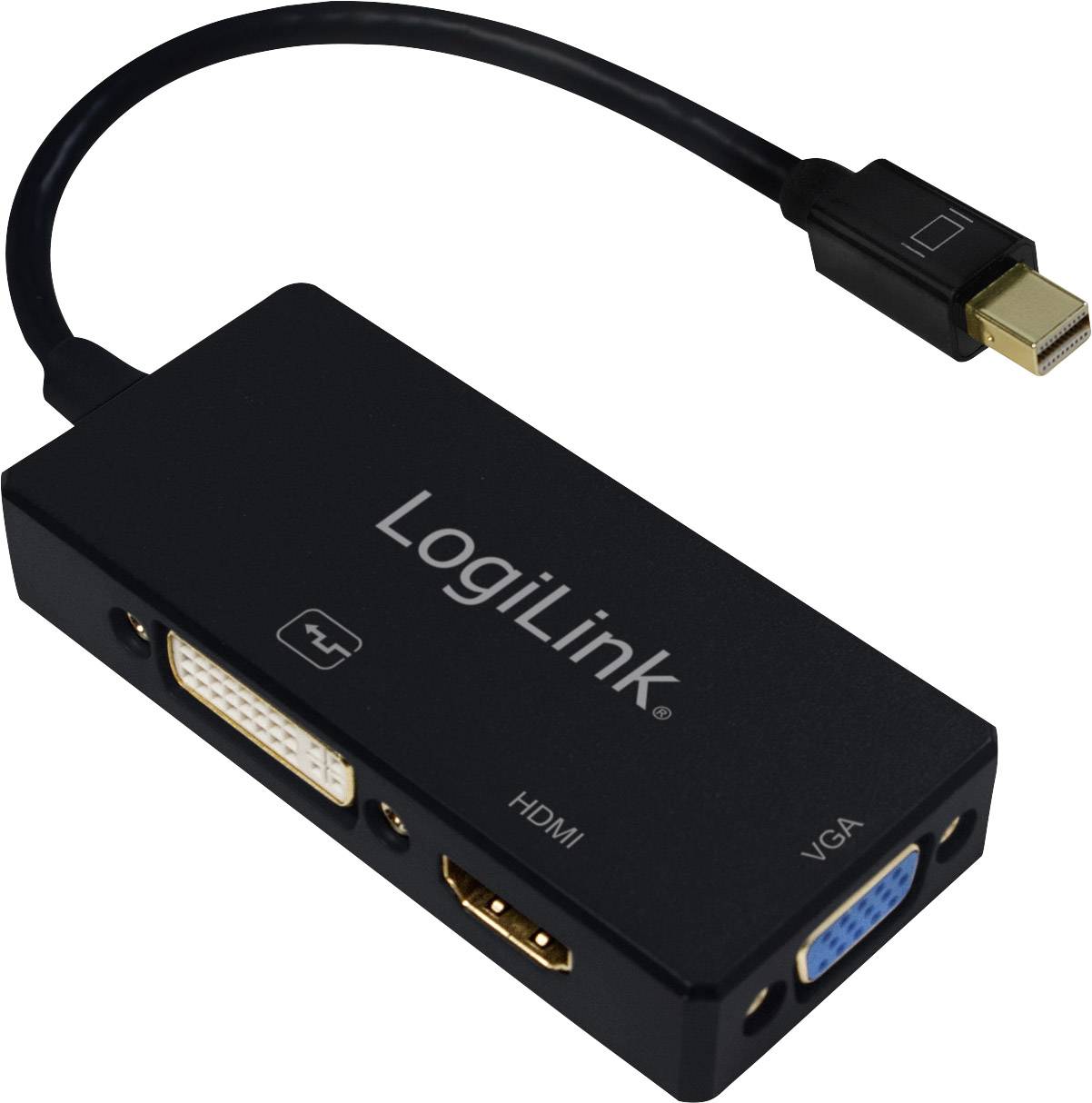Een zwarte adapter met een Mini DisplayPort-stekker beschikt over drie aansluitingen: VGA, HDMI en DVI.