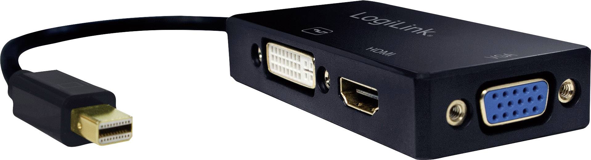 Een adapter met een Mini-DisplayPort-stekker en DVI-, HDMI- en VGA-aansluitingen, geschikt voor aansluiting op verschillende weergaveapparaten.