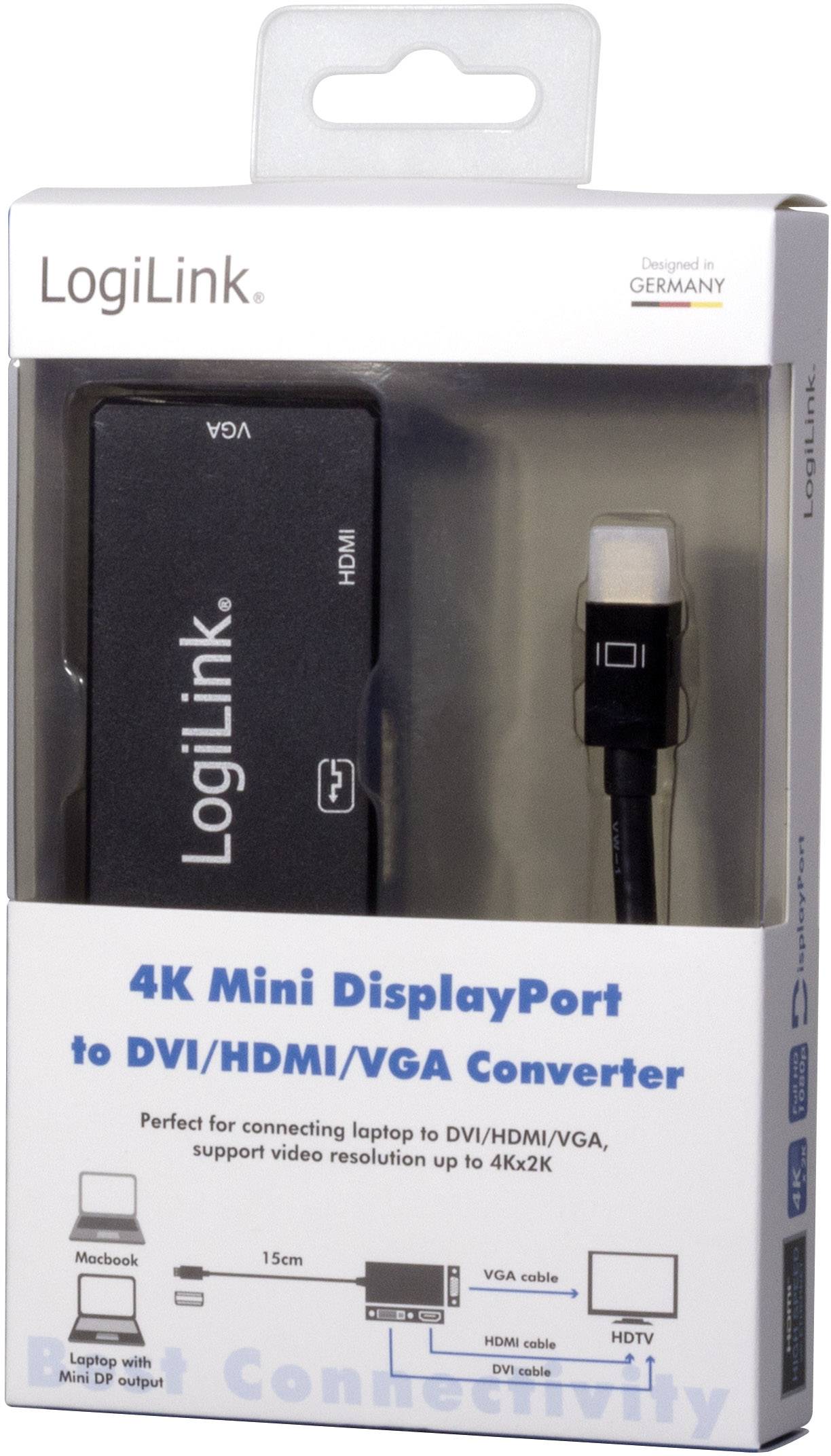 'LogiLink 4K Mini DisplayPort naar DVI/HDMI/VGA-converter. Verbindt laptops met DVI/HDMI/VGA, ondersteunt resoluties tot 4K.'