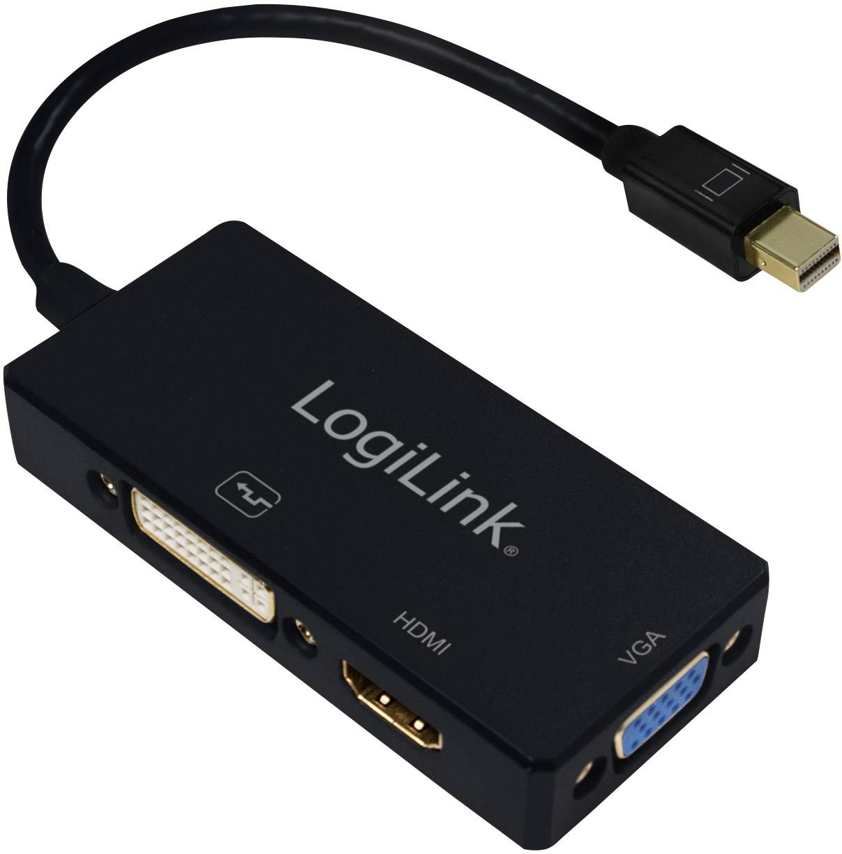 Een LogiLink-converterkabel met aansluitingen voor Mini DisplayPort, HDMI, DVI en VGA, voor het verbinden van apparaten met verschillende interfaces.