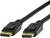 Twee zwarte DisplayPort-kabels met gouden connectoren, die worden gebruikt voor de overdracht van audio-visuele signalen tussen apparaten.
