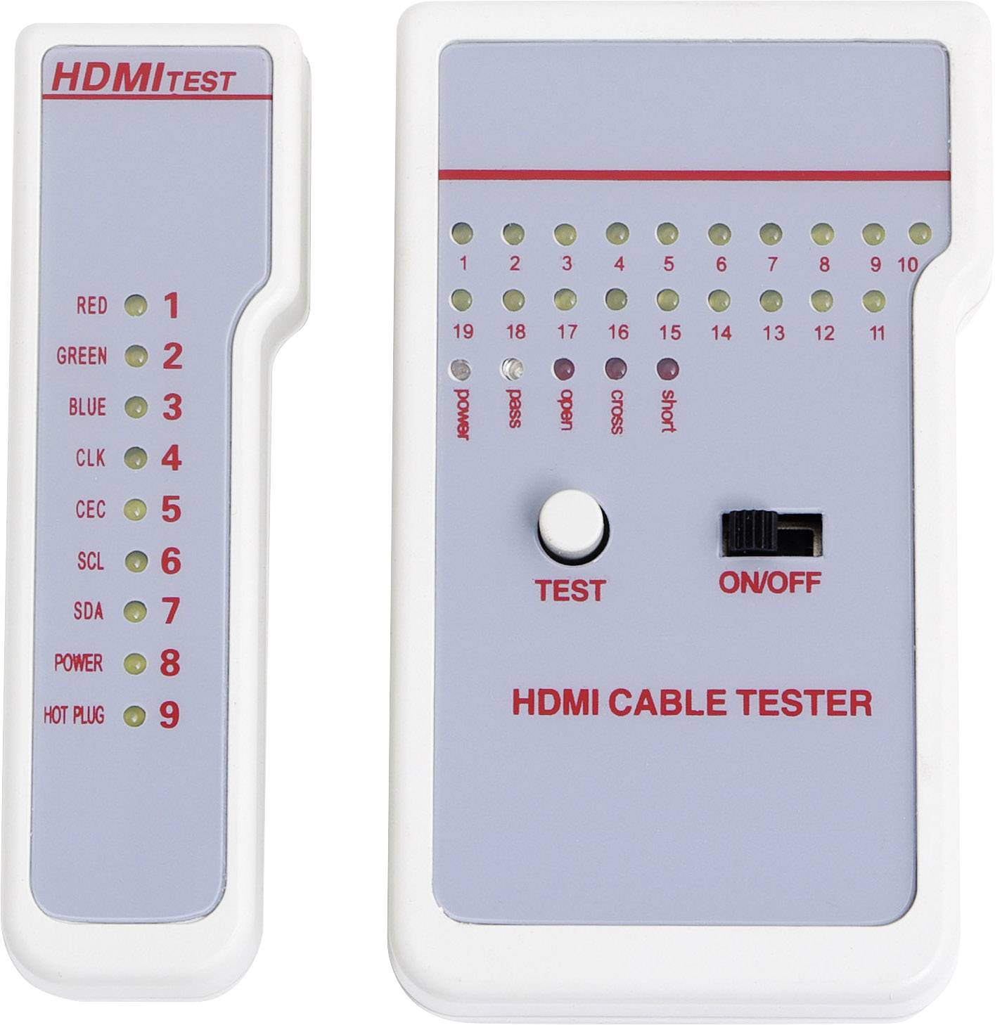 Een HDMI-kabeltester met twee componenten, een hoofdeenheid en een afstandsbedieningseenheid. Beide hebben genummerde LED-indicatorlampen.