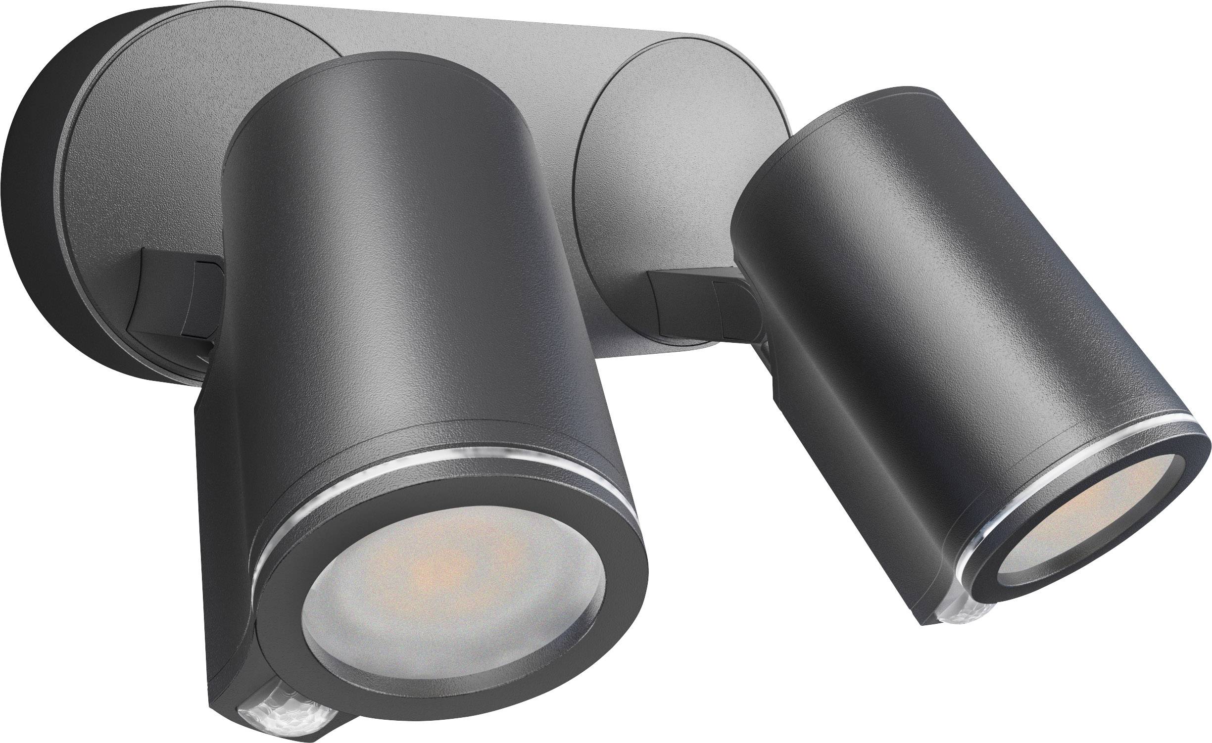 Zwarte buitenwandlamp met twee verstelbare cilindrische stralers.