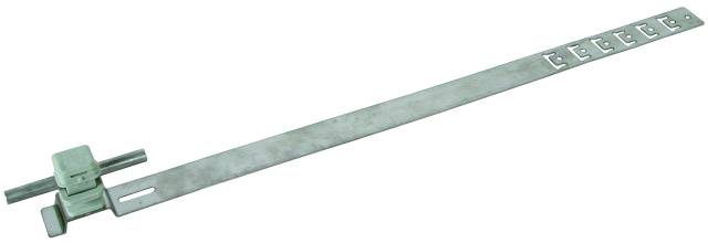 Metalen kabelband met vergrendelbaar kopstuk, een lange band en meerdere lussen voor het bevestigen van kabels.