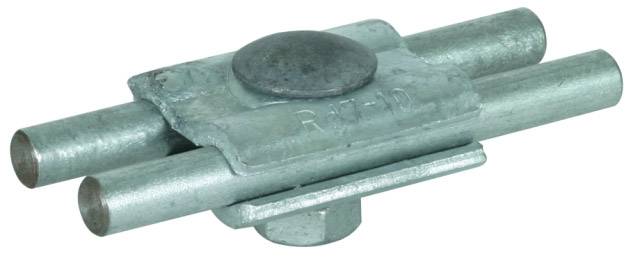 Metalen beugel met vier buismoffen, centrale ronde schroef. Wordt gebruikt voor het verbinden van twee parallelle buizen.