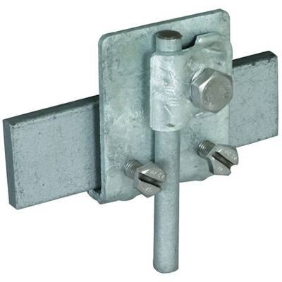 Een metalen verbindingselement met twee schroeven en een bout, vervaardigd uit staal, voor het bevestigen van constructie-onderdelen.