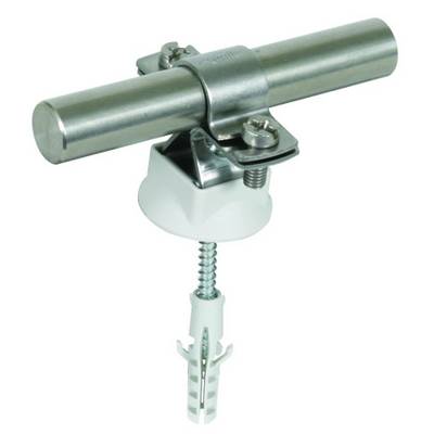 Een metalen buisklem met schroefmechanisme en witte kunststof plug, geschikt voor het bevestigen van buizen aan muren of plafonds.