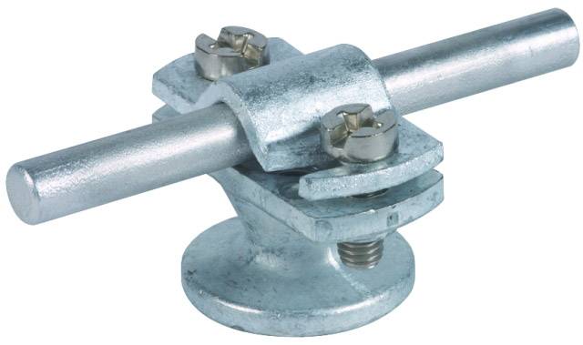 Een zilveren metalen mastvoet met twee schroeven en bevestigingselementen, gebruikt voor mastondersteuning.